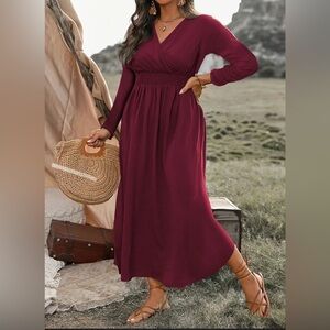 Carrdc Plus Size Red/Burgundy Velvet V-Neck Long Sleeve Maxi Dress